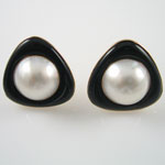 Estate Large White Mabe Pearl and Black Enamel 14kt Gold Earrings