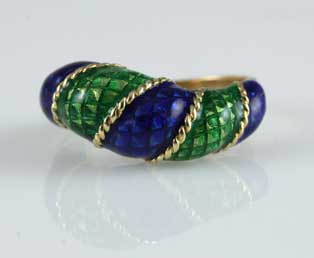 Enamel Blue Green Gold Ring
