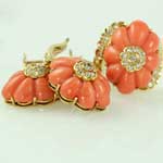 estate jewelry -blood orange coral 18kt diamond ring and matching earrings