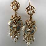 Estate Enamel Pearl Dangle Earrings